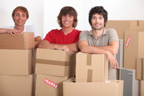 Professional movers unloading boxes at a Southall address