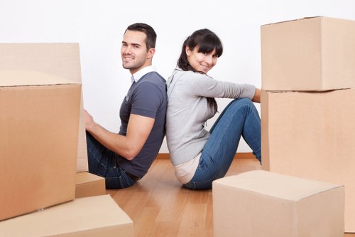 Residential move boxes and furniture prepared for transport